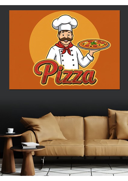 Pizza Şefi Çizimi Dekoratif Kanvas - Mdf Ahşap Tablo modelleri