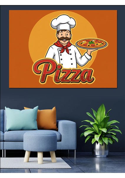 Pizza Şefi Çizimi Dekoratif Kanvas - Mdf Ahşap Tablo fırsatları