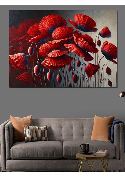 Kırmızı Gelincik Çiçekleri Dekoratif Kanvas - Mdf Ahşap Tablo