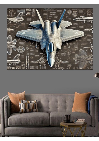 Jet Uçak Çizimi Dekoratif Kanvas - Mdf Ahşap Tablo