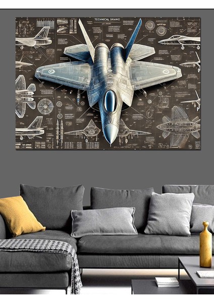 Jet Uçak Çizimi Dekoratif Kanvas - Mdf Ahşap Tablo modelleri