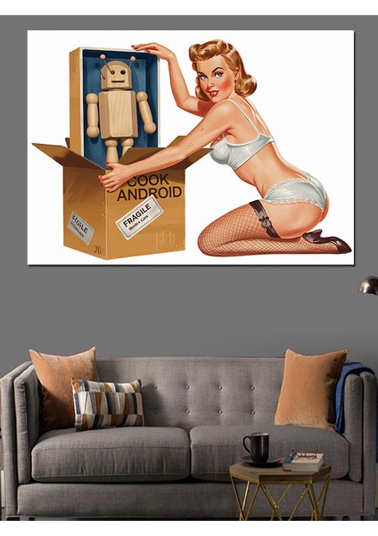 Karton Robot ve Pin-Up Dekoratif Kanvas - Mdf Ahşap Tablo