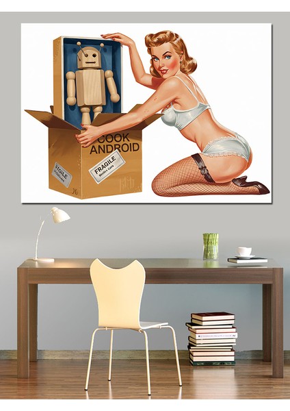 Karton Robot ve Pin-Up Dekoratif Kanvas - Mdf Ahşap Tablo fiyatları