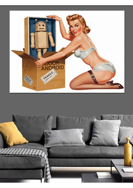 Karton Robot ve Pin-Up Dekoratif Kanvas - Mdf Ahşap Tablo modelleri