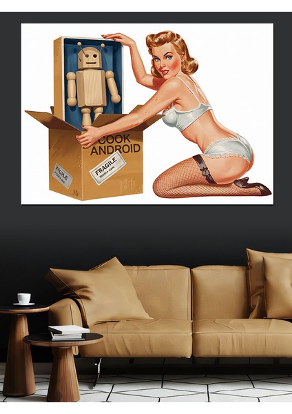 Karton Robot ve Pin-Up Dekoratif Kanvas - Mdf Ahşap Tablo fırsatları