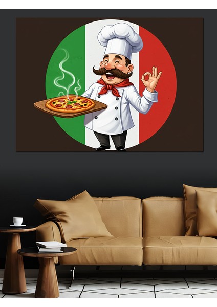 Pizza Şefi Çizimi Dekoratif Kanvas - Mdf Ahşap Tablo