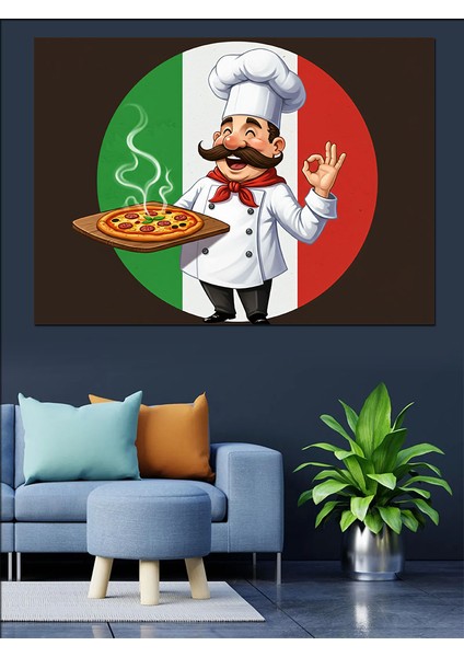 Pizza Şefi Çizimi Dekoratif Kanvas - Mdf Ahşap Tablo fiyatları