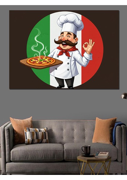 Pizza Şefi Çizimi Dekoratif Kanvas - Mdf Ahşap Tablo modelleri