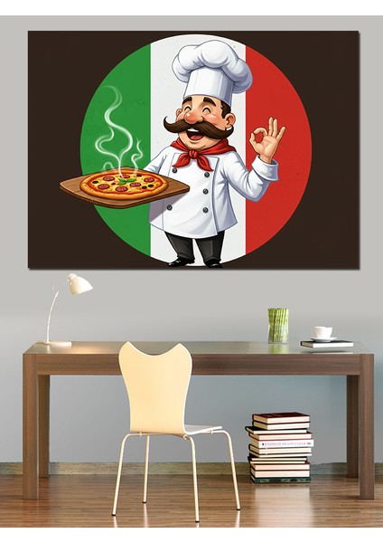 Pizza Şefi Çizimi Dekoratif Kanvas - Mdf Ahşap Tablo fırsatları