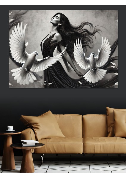 Beyaz Güvercin Kadın Dekoratif Kanvas - Mdf Ahşap Tablo