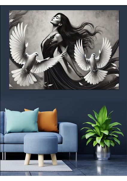 Beyaz Güvercin Kadın Dekoratif Kanvas - Mdf Ahşap Tablo fiyatları