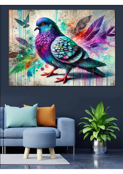 Renkli Şehir Güvercini Dekoratif Kanvas - Mdf Ahşap Tablo