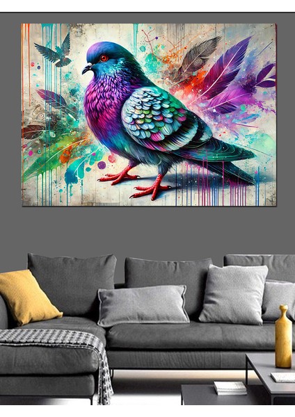 Renkli Şehir Güvercini Dekoratif Kanvas - Mdf Ahşap Tablo fırsatları