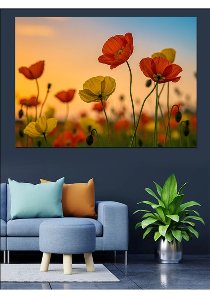 Turuncu Gelincik Bahçesi Dekoratif Kanvas - Mdf Ahşap Tablo fırsatları