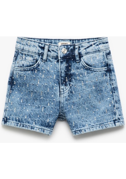 Pamuklu Cepli Taş Detaylı Denim Şort