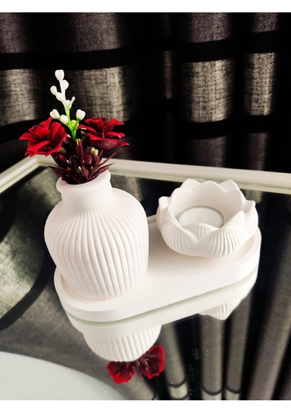 Dekoratif Beton Şamdan ve Vazo Seti – Lotus Mumluk ve Kabartmalı Vazo – Minimalist Beyaz (Çiçek Dahil Değildir))