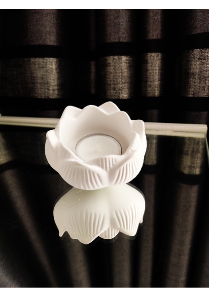 Dekoratif Beton Şamdan ve Vazo Seti – Lotus Mumluk ve Kabartmalı Vazo – Minimalist Beyaz (Çiçek Dahil Değildir))