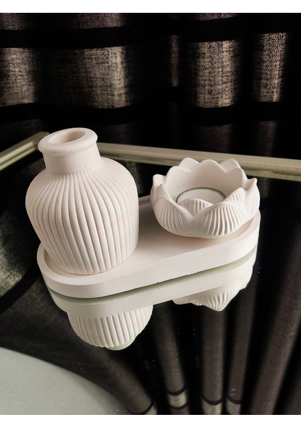 Dekoratif Beton Şamdan ve Vazo Seti – Lotus Mumluk ve Kabartmalı Vazo – Minimalist Beyaz (Çiçek Dahil Değildir))