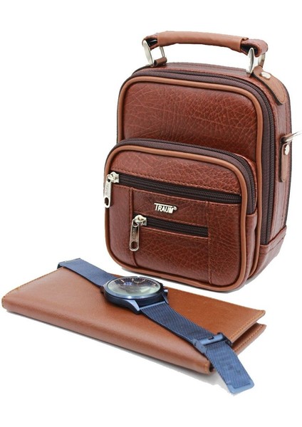 El ve omuz askılı, şık orta boy erkek çanta, kahverengi, suni deri, modern tasarım