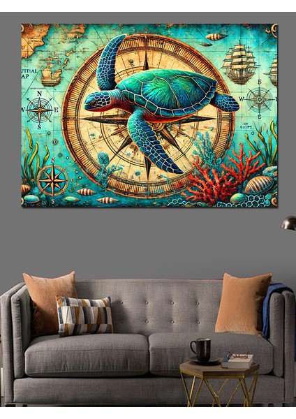 Harita Üzerinde Deniz Kaplumbağası Dekoratif Kanvas - Mdf Ahşap Tablo
