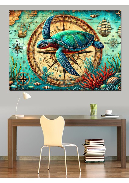Harita Üzerinde Deniz Kaplumbağası Dekoratif Kanvas - Mdf Ahşap Tablo fiyatları