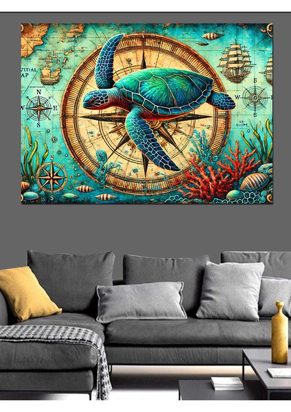 Harita Üzerinde Deniz Kaplumbağası Dekoratif Kanvas - Mdf Ahşap Tablo modelleri