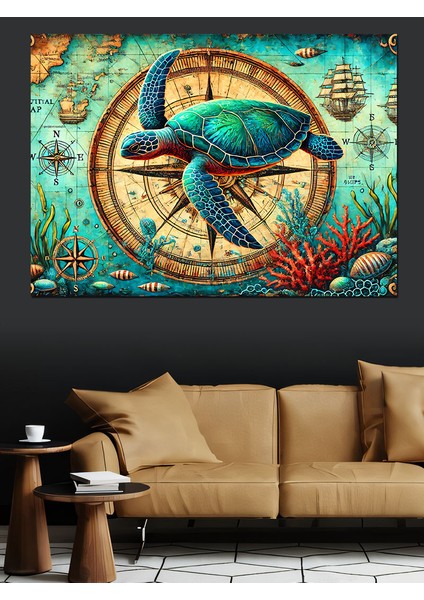 Harita Üzerinde Deniz Kaplumbağası Dekoratif Kanvas - Mdf Ahşap Tablo fırsatları