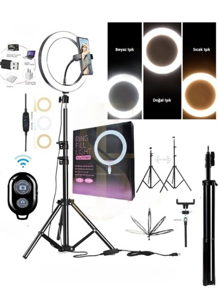 Ensiga Kumandalı Youtuber Tiktok Çekim Işıklı Telefon Tutucu Makyaj Işığı Ring Light 10 Inç + 2.1 M Tripod