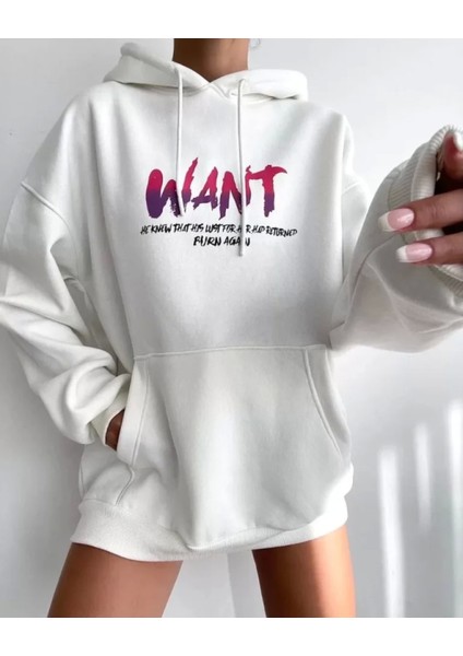 Baskılı Üç Iplik Kapüşonlu Oversize Sweatshirt