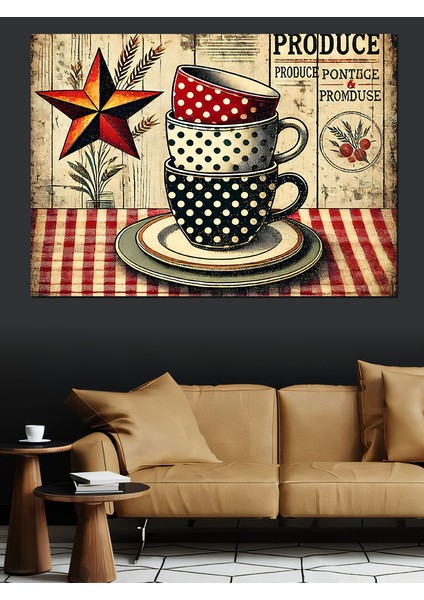 Retro Tarzda Çay Fincanı Dekoratif Kanvas - Mdf Ahşap Tablo
