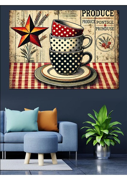 Retro Tarzda Çay Fincanı Dekoratif Kanvas - Mdf Ahşap Tablo