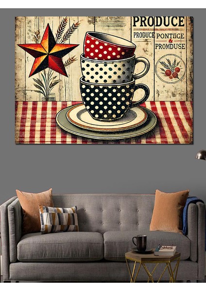 Retro Tarzda Çay Fincanı Dekoratif Kanvas - Mdf Ahşap Tablo