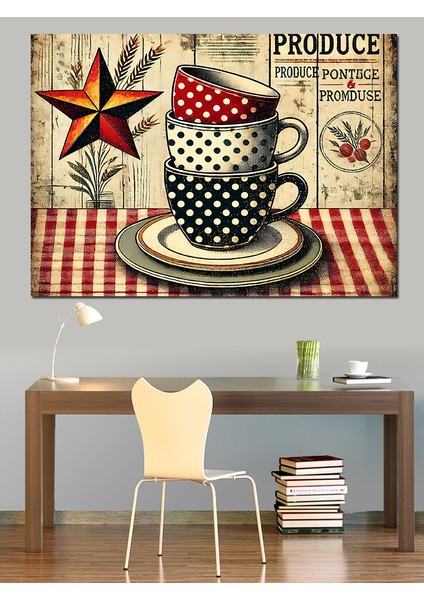 Retro Tarzda Çay Fincanı Dekoratif Kanvas - Mdf Ahşap Tablo