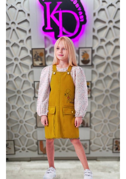 Kız Çocuk Desenli Keten Gömlek Mevsimlik Kot Salopet Jile Tulum 2'li Takım