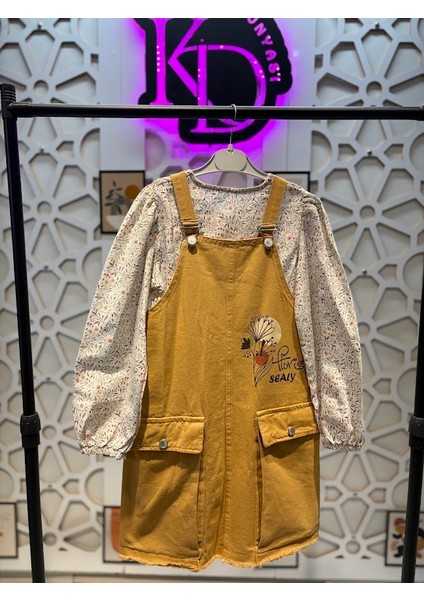 Kız Çocuk Desenli Keten Gömlek Mevsimlik Kot Salopet Jile Tulum 2'li Takım fiyatları