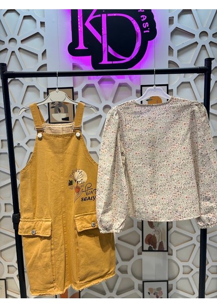 Kız Çocuk Desenli Keten Gömlek Mevsimlik Kot Salopet Jile Tulum 2'li Takım modelleri