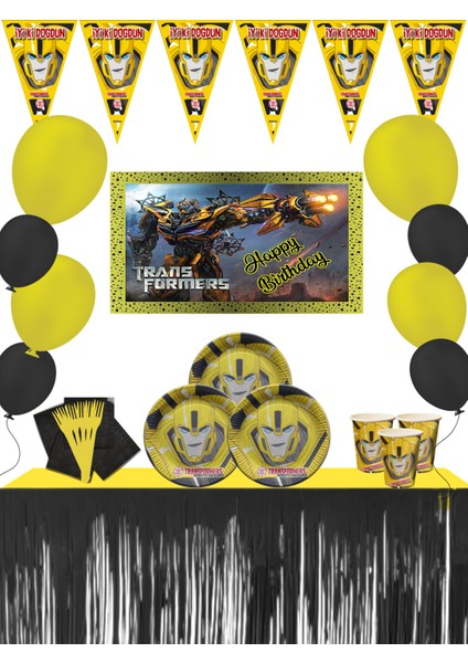 Metalize Masa Etekli Afişli Bumblebee 8 Kişilik Doğum Günü Parti Malzemeleri Seti