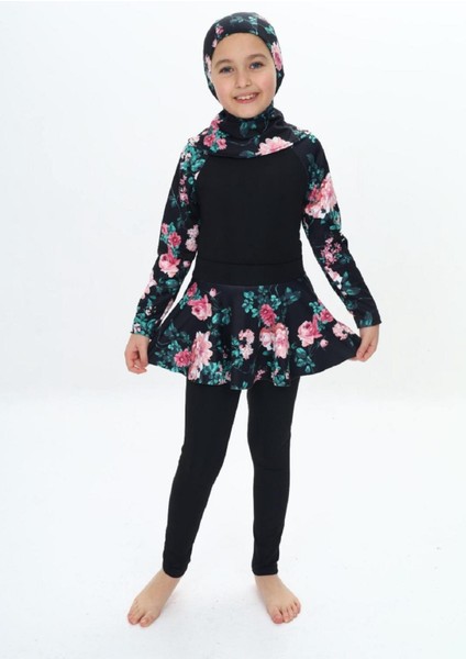 Yeni Sezon Üç Parça Dalgıç Kumaş Uzun Kollu Çiçekli Tayt-Etekli-Uv Korumalı-Boneli Kız Çocuk Haşema-Mayo