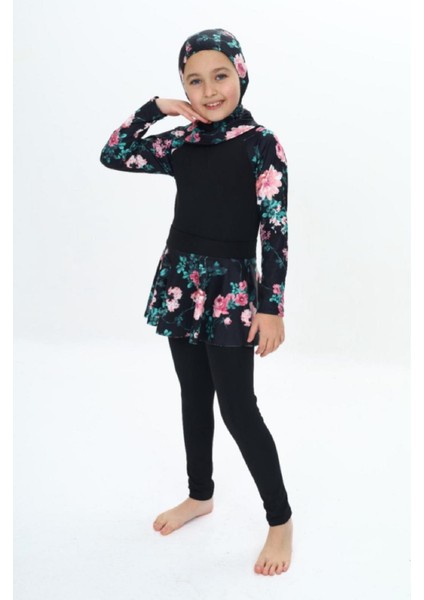 Yeni Sezon Üç Parça Dalgıç Kumaş Uzun Kollu Çiçekli Tayt-Etekli-Uv Korumalı-Boneli Kız Çocuk Haşema-Mayo fırsatları