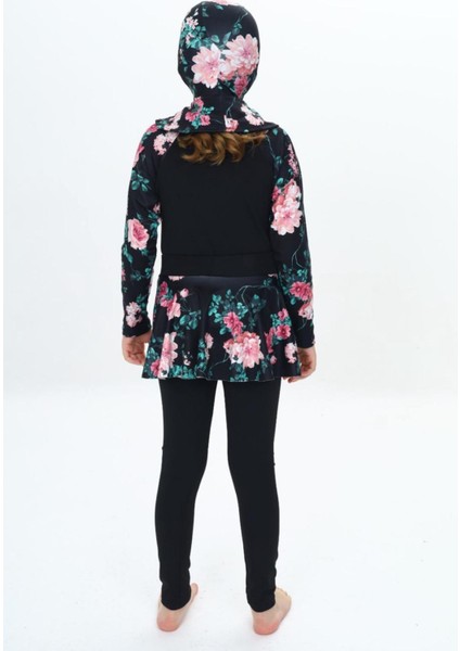 Yeni Sezon Üç Parça Dalgıç Kumaş Uzun Kollu Çiçekli Tayt-Etekli-Uv Korumalı-Boneli Kız Çocuk Haşema-Mayo indirimleri