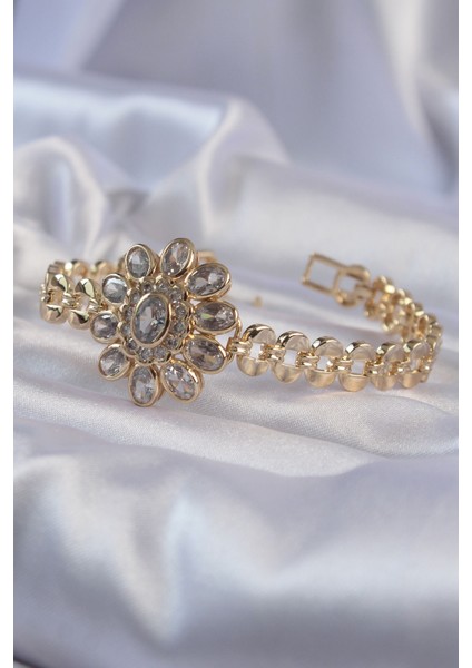 Pirinç Gold Renk İri Zirkon Taşlı Çiçek Figürlü Bileklik indirimleri