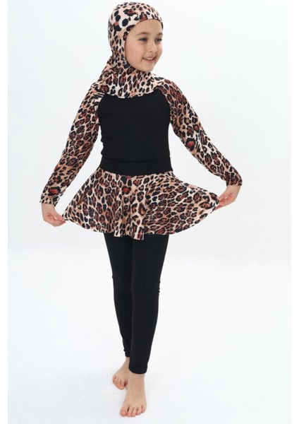 Üç Parça Dalgıç Kumaş Leopar Desenli Uzun Kollu Tayt-Etekli-Uv Korumalı-Boneli Kız Çocuk Haşema-Mayo