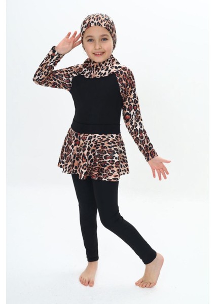 Üç Parça Dalgıç Kumaş Leopar Desenli Uzun Kollu Tayt-Etekli-Uv Korumalı-Boneli Kız Çocuk Haşema-Mayo fiyatları