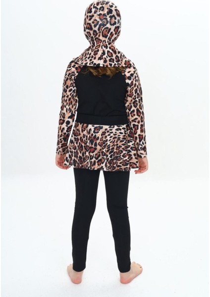 Üç Parça Dalgıç Kumaş Leopar Desenli Uzun Kollu Tayt-Etekli-Uv Korumalı-Boneli Kız Çocuk Haşema-Mayo modelleri