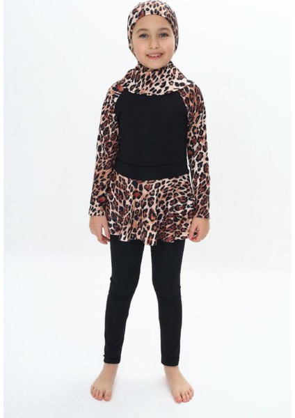 Üç Parça Dalgıç Kumaş Leopar Desenli Uzun Kollu Tayt-Etekli-Uv Korumalı-Boneli Kız Çocuk Haşema-Mayo fırsatları