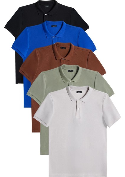 Erkek 5'li Paket Siyah-Saks Mavi-Kahverengi-Haki-Gri Slim Fit Pamuklu Düz Pike Polo Yaka Tişört