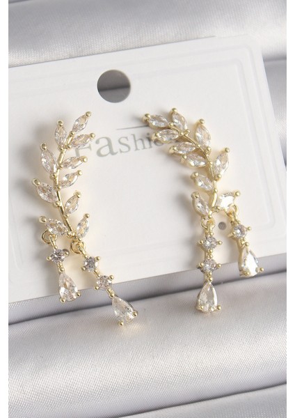 Pirinç Gold Renk Zirkon Taşlı Başak Model Kadın Küpe