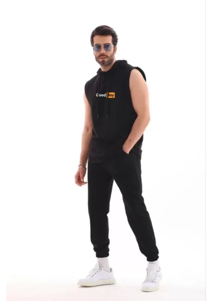 Kapşonlu Kolsuz Oversize Baskılı Tişört