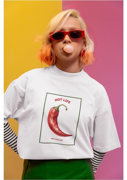 Kalın Pamuklu Chılı Baskılı Oversize T-Shirt