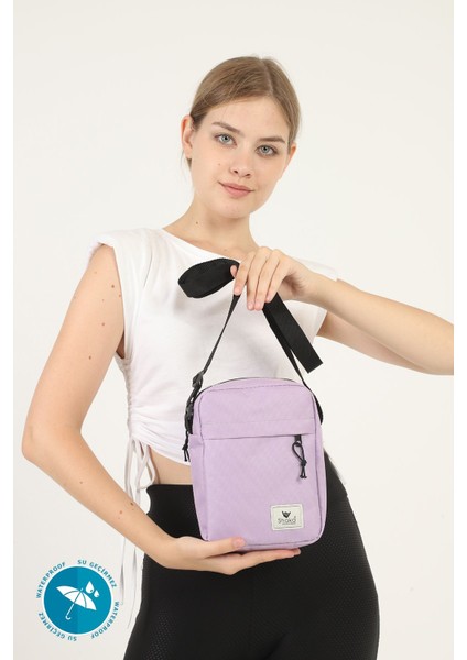 Mor çift bölmeli, fermuarlı ve ayarlanabilir askılı şık tekstil çanta